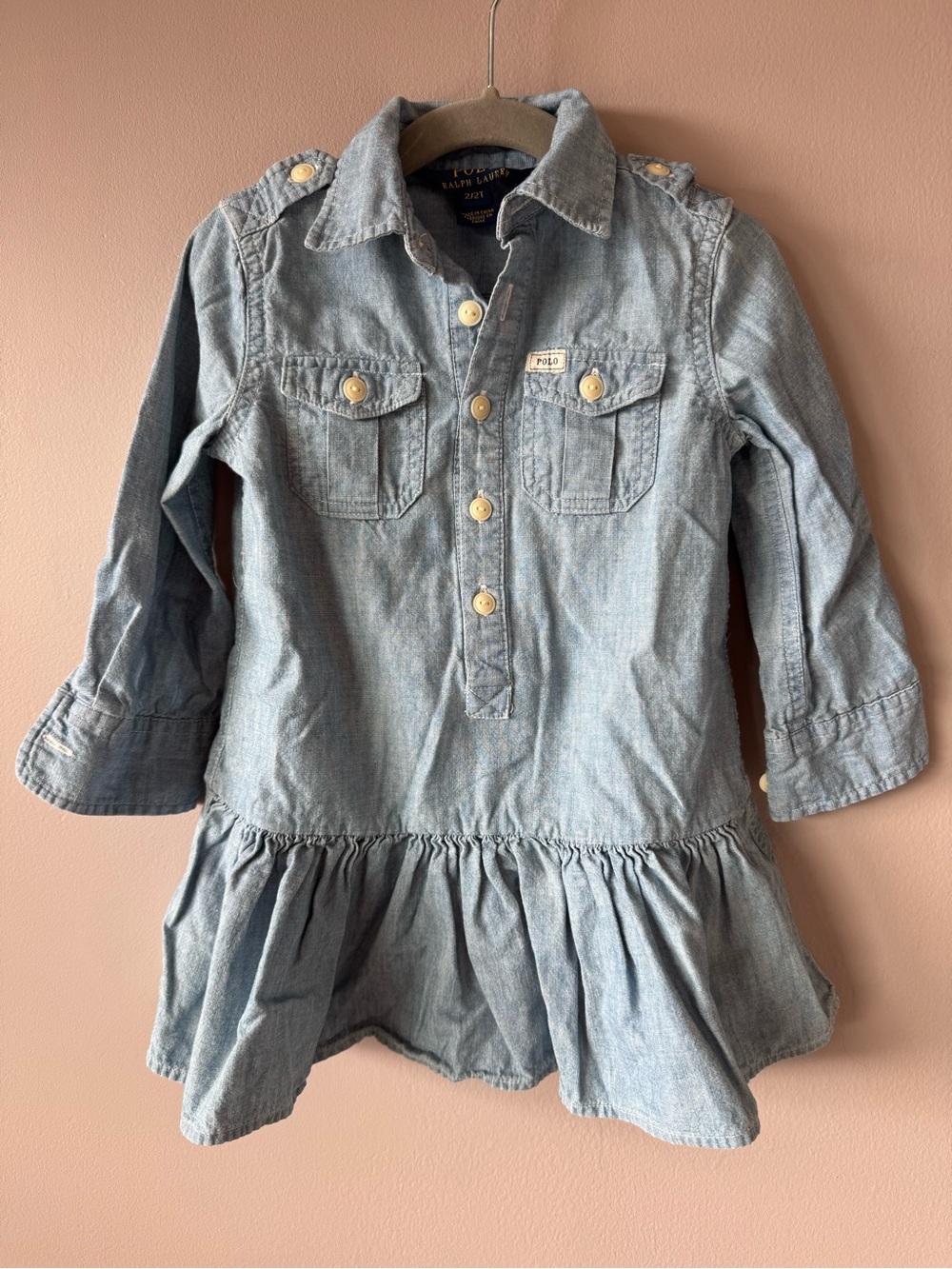 Polo Ralph Lauren Toddler Blue Denim Button Down Drop Waist Dress Size 2T